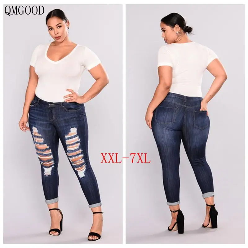 QMGOOD Синие сексуальные рваные джинсы большого размера женские с эффектом пуш ап