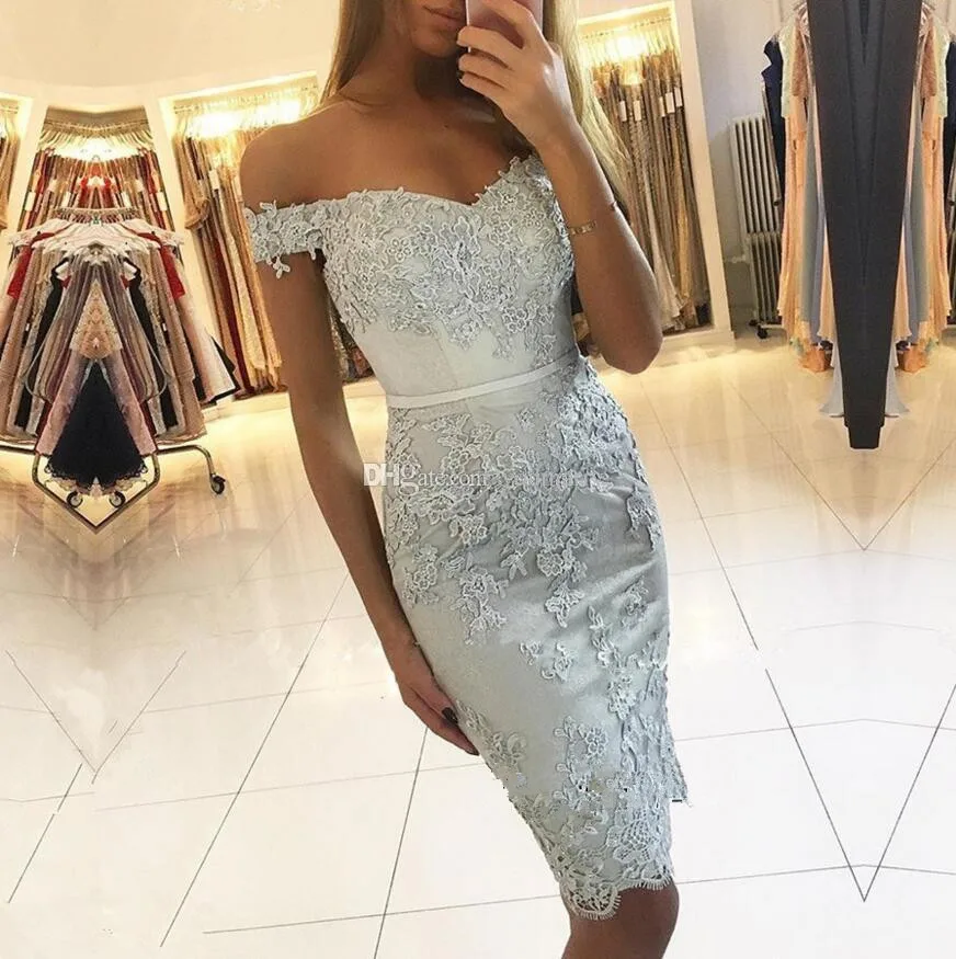 

Silver Cocktail Dresses Sheath Off The Shoulder Short Mini Lace Beaded Elegant Party Homecoming Dresses