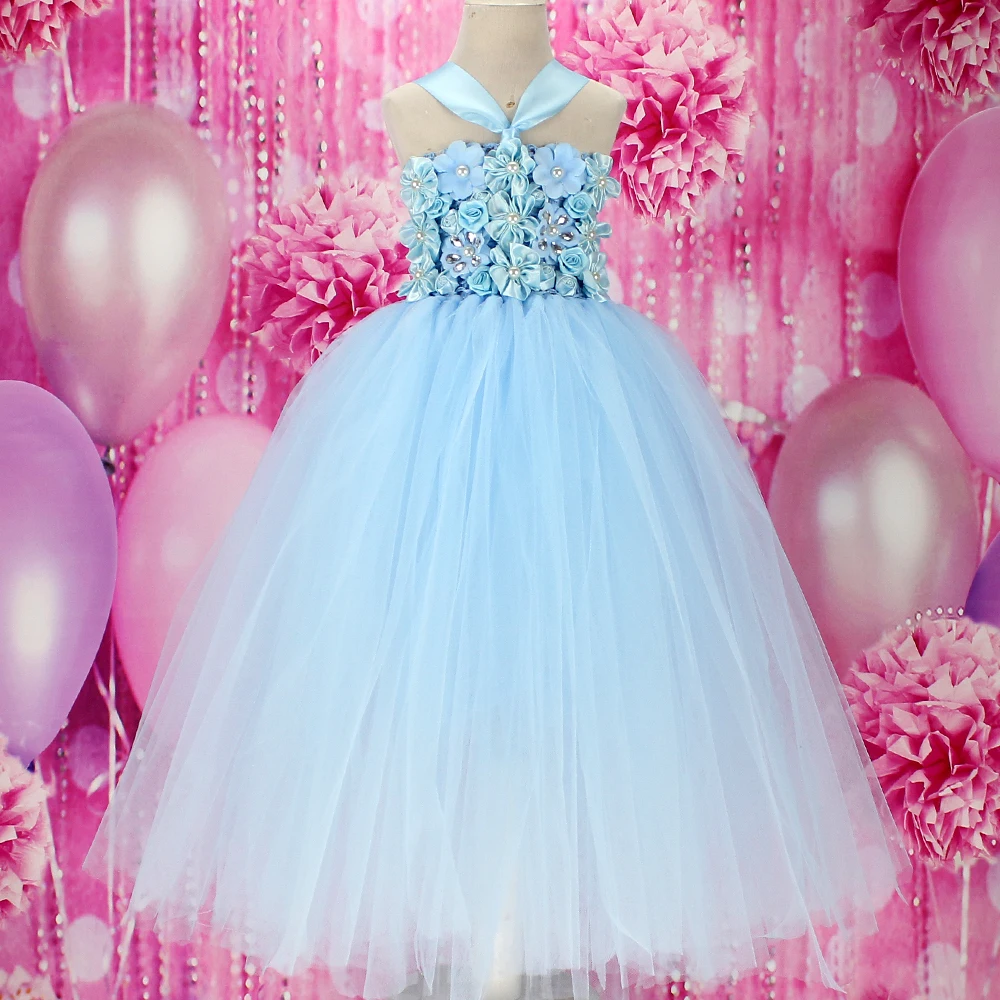 fashion flower girls light blue tutu dress birthday vestido menina for girl photo props baby party | Детская одежда и обувь