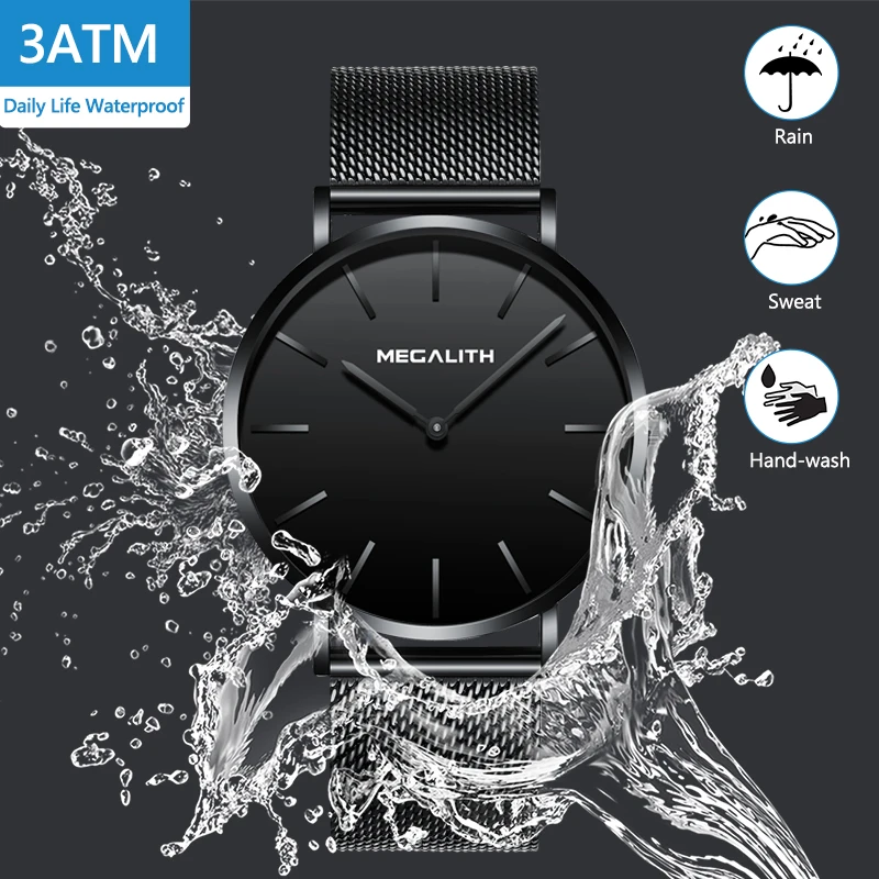 Модные часы MEGALITH с черным сетчатым ремешком деловые кварцевые для мужчин