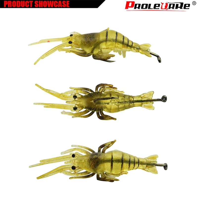 

5Pcs Soft Silicone Simulation Fishing Lure Shrimp Prawn Bait Artificial Bait With Swivel Yellow Fishy Smell Single Hook 4cm 1.3g