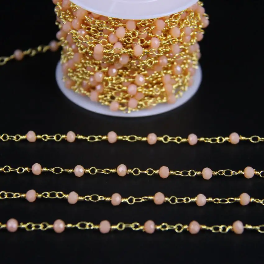 

3x4mm,Candy Pink Crystal Glass Faceted Rondelle Rosary Chain,Pink Gems Gold Chain,Charms Crafts Necklace Jewelry Making