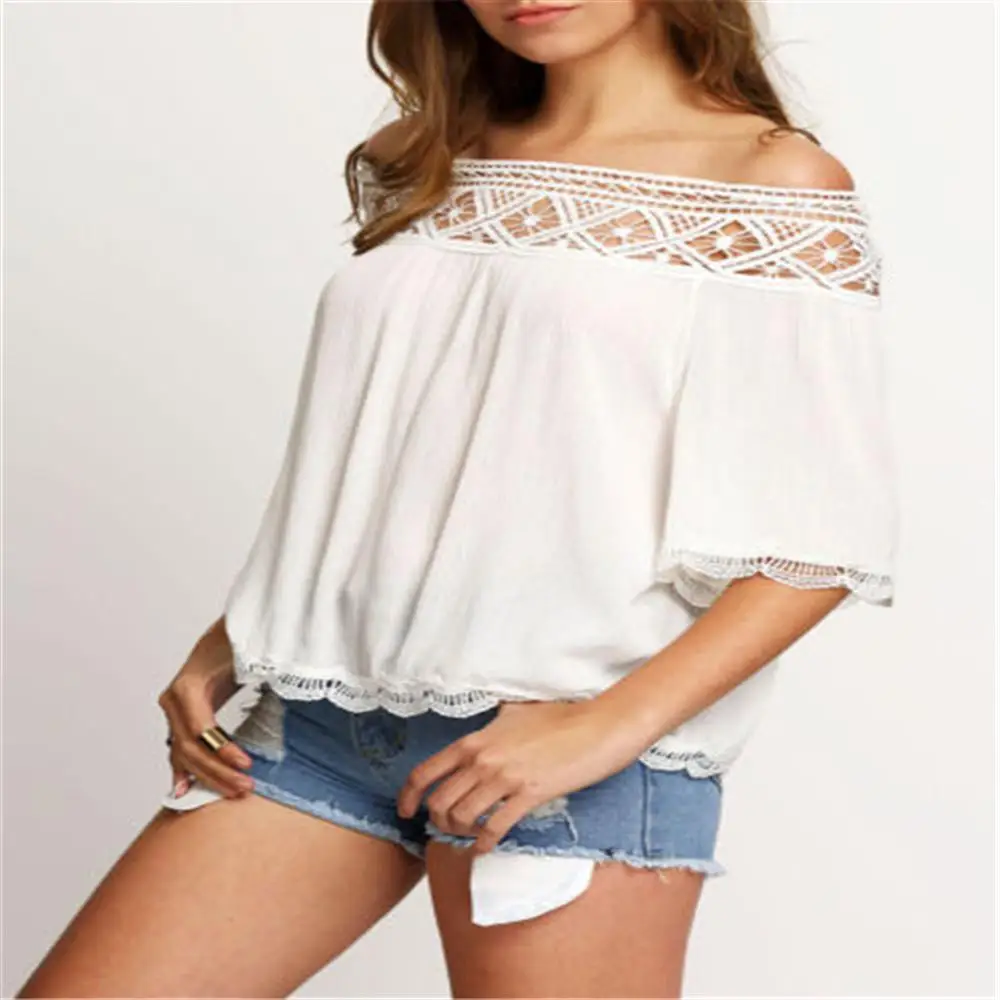 Элегантный 2018 3 вида цветов Кружева крючком шифон блузки женские Boho Slash шеи