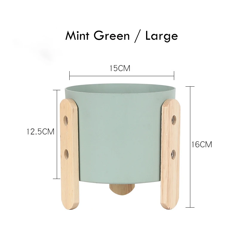 Mint Green L 1pc Macaron Color Flowerpot Iron Planter Pot with Wooden Stand Home Decor Craft Green Plant Pot with Hole - Цвет: Mint Green L