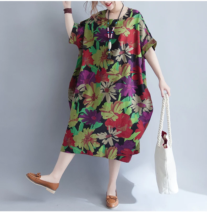 Летнее платье Lagenlook Quirky с цветочным принтом из хлопка и льна средней длины