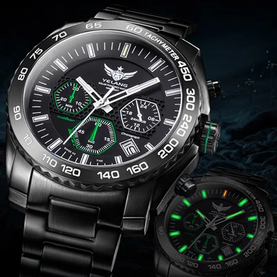 Новое поступление YELANG V1210 Eco-Drive Move men t T100 Тритий светящийся стальной ремешок сапфировое зеркало мужские деловые часы наручные часы - Цвет: black green