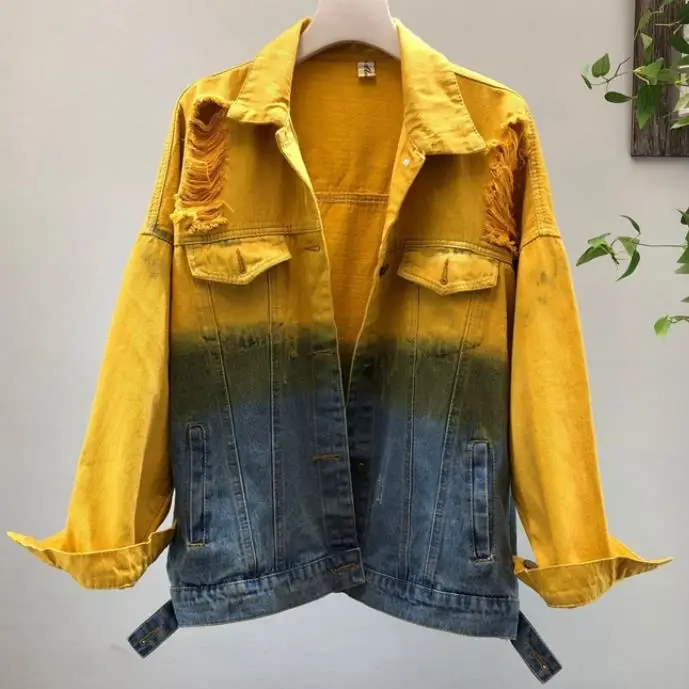 2019 Весенняя Осенняя Новая модная джинсовая куртка женская Свободная с дырками