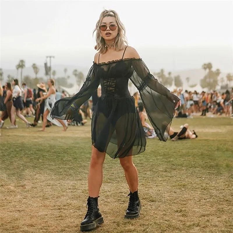 Женское мини платье черное прозрачное Сетчатое с высокой талией и рукавами