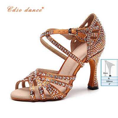 Bronze10cmslim heel Cdso/Танцевальная женская обувь из бронзового атласа для латинских танцев; женские Стразы; обувь для сальсы; вечерние свадебные туфли на высоком каблуке 10 см; мягкая подошва - Цвет: Bronze10cmslim heel