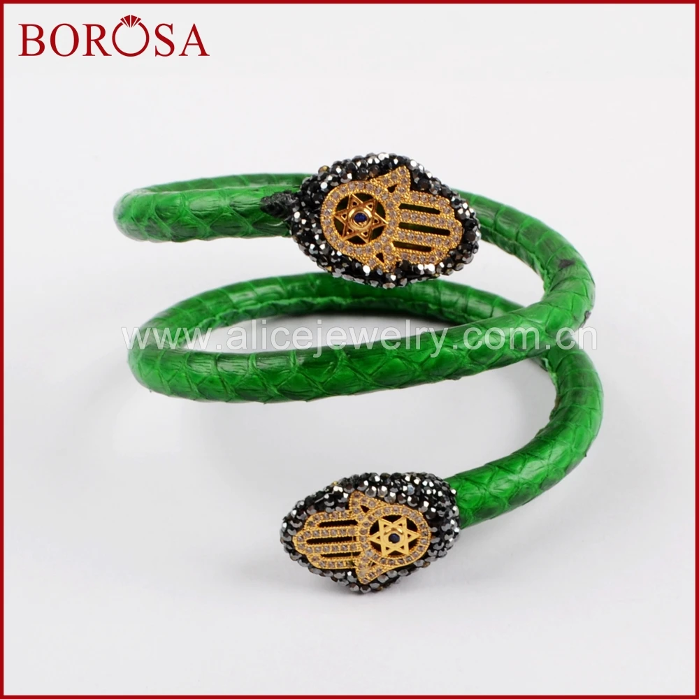 BOROSA 5 шт. Подлинная змеиная кожа Drusy регулируемые браслеты с CZ микро паве Хамса