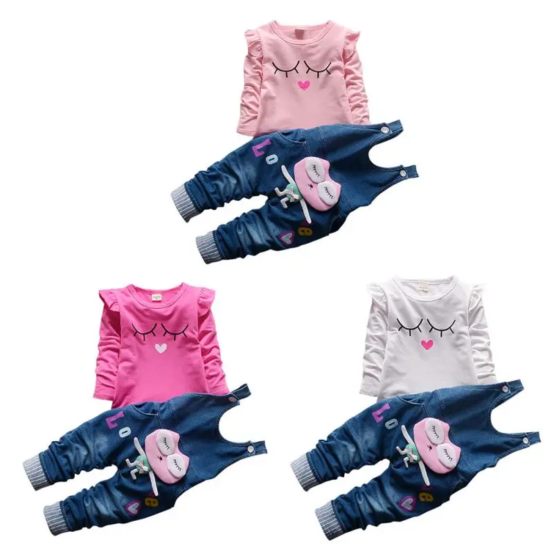 Fashion Autumn Infant Kids Clothes Girls Denim Bib Sets Long Sleeve Overalls Suits Outfits Tops+Bib Pants | Детская одежда и обувь