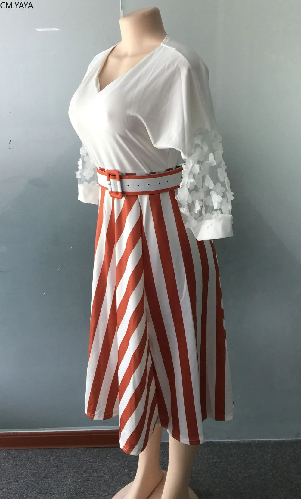 2019 women summer new long sleeve o-neck Midi dress Striped Pleated fashion sashes vintage Africa vestidos dresses GLAM356 | Женская