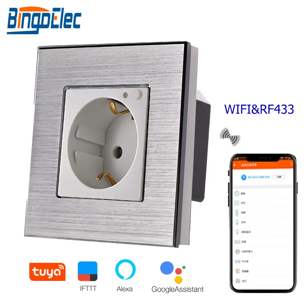 WIFI RF Silver Bingoielec Wi-Fi розетка, стандарт ЕС, алюминиевая рама, немецкая настенная розетка, дистанционное управление, RF 433, с беспроводным управлением через приложение Tuya - Тип: WIFI RF Silver