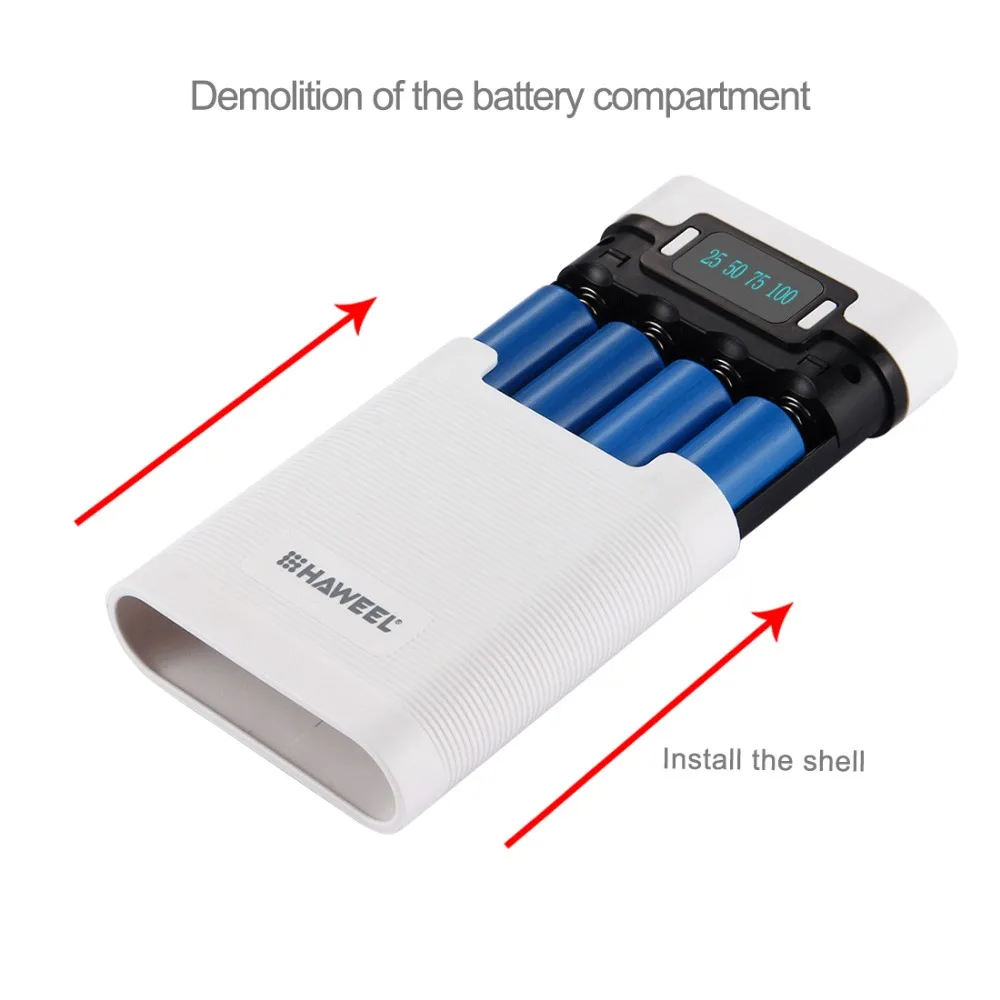 Портативное зарядное устройство HAWEEL DIY 4x18650 10000 мАч корпус 2 выхода USB и дисплей для