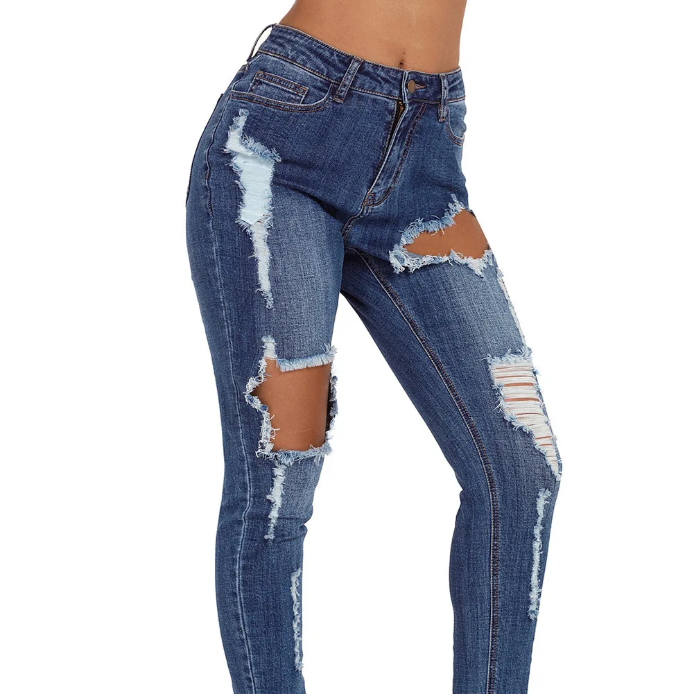 

New high waist Women Slim Jeans Women Hole Cotton Elastic Feet Pencil Jeans Wash Ripped Jeans Female