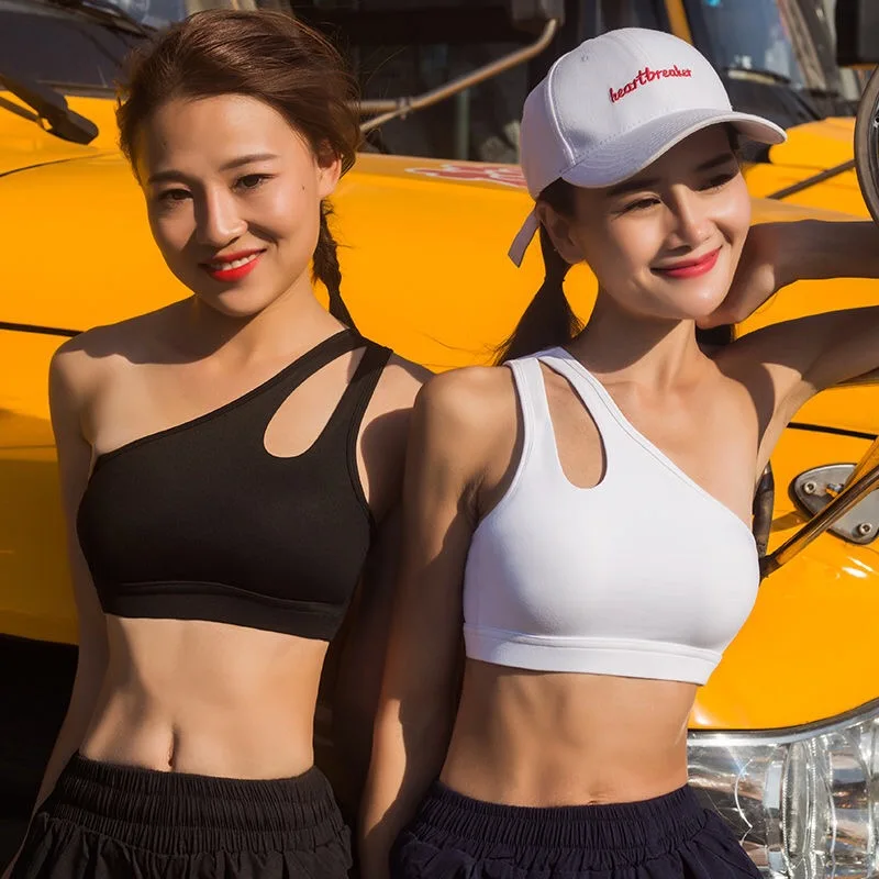 Сексуальный однотонный черный спортивный бюстгальтер на одно плечо женские