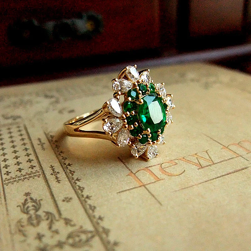 1.5ct AAA лабораторное созданное колумбийский изумруд овальное кольцо с гравировкой Настоящее Твердое 18 к желтое золото боковая груша Муассанит кольцо для женщин