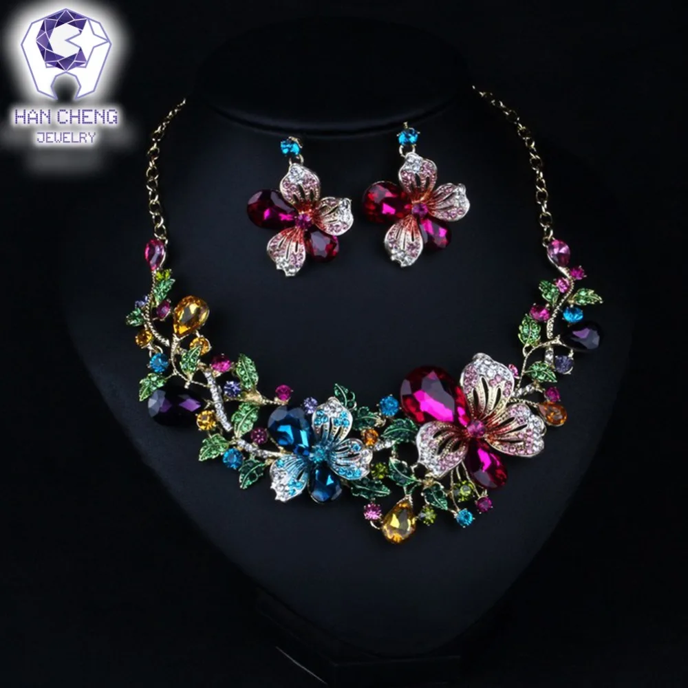 HanCheng модное ожерелье/серьги для женщин с золотыми металлическими стразами и