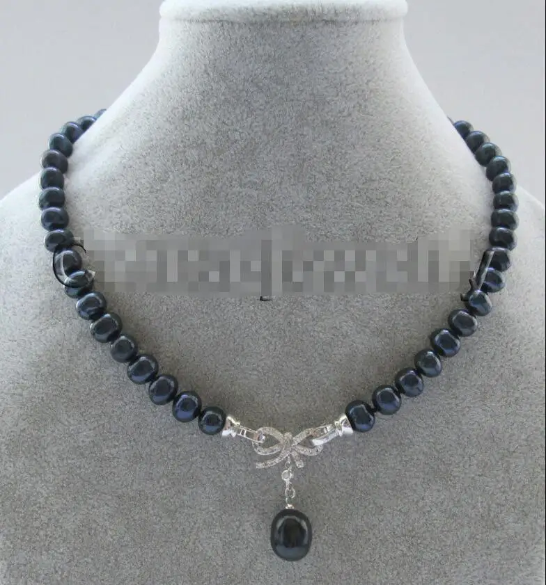 

18" 9-10mm black near round freshwater pearl necklace + 12mm pendant