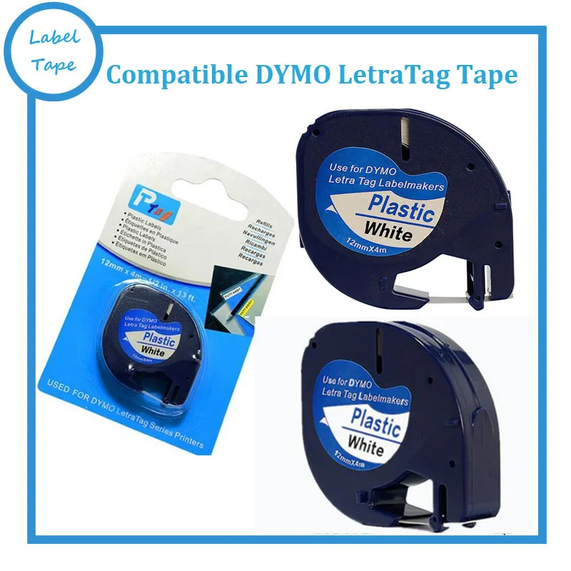 Совместимость DYMO letratag Клейкие ленты 12 мм Пластик черный на белом s0721610 91201|dymo tape|dymo
