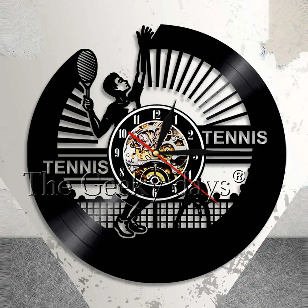 Теннис настенные часы теннисист виниловая наклейка силуэт запись в винтажном