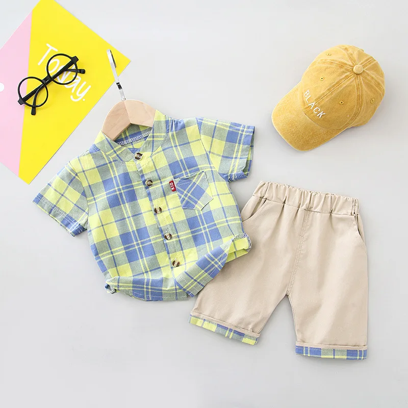 Children clothing boys summer clothes sets 2019 new kids fashion splice plaid t-shirts +short pants 2pcs suits for 1-4T boy |