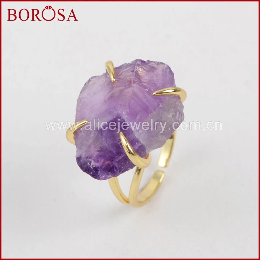 BOROSA, размер 6, золотое, цвет, коготь, установка, грубое кольцо друза аметиста, драгоценные камни, кольцо, ювелирное изделие, модное ювелирное изделие для женщин ZG0133
