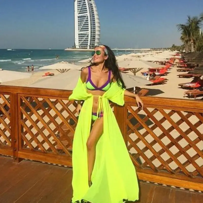 Мода пляжном стиле с короткими рукавами шифон сплошной цвет бикини вс платье |