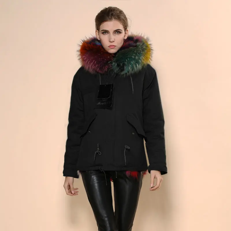Женская парка с натуральным лисьим мехом красивая зимняя разноцветная густым