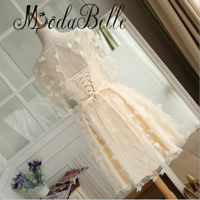 modabelle Robe Courte Champagne Handmade Flowers Short Prom Dresses 2017 Mezuniyet Elbiseleri Three Qureter Evening | Свадьбы и