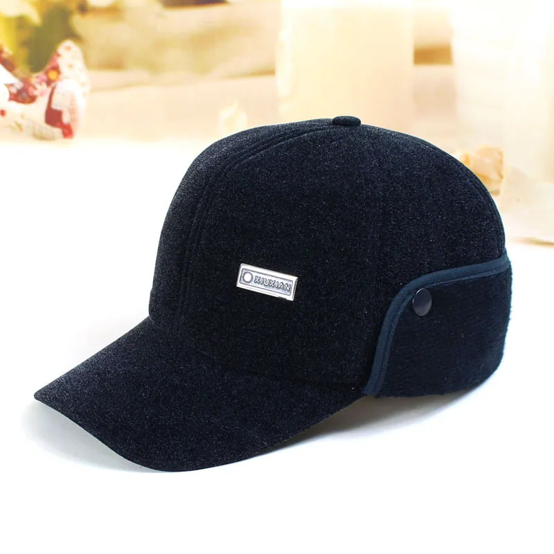 High Quality Men's Winter Hat Warm Ear Protection Plus Velvet Thick Middle Aged Elderly Wool Baseball Cap With Faux Fur Inside