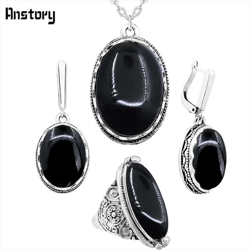 necklace set-Black Овальный Природный камень комплект ювелирных изделий колье Цепочки и ожерелья Серьги Кольца для Для женщин полые цветок подвеска Нержавеющая сталь цепи - Окраска металла: necklace set-Black