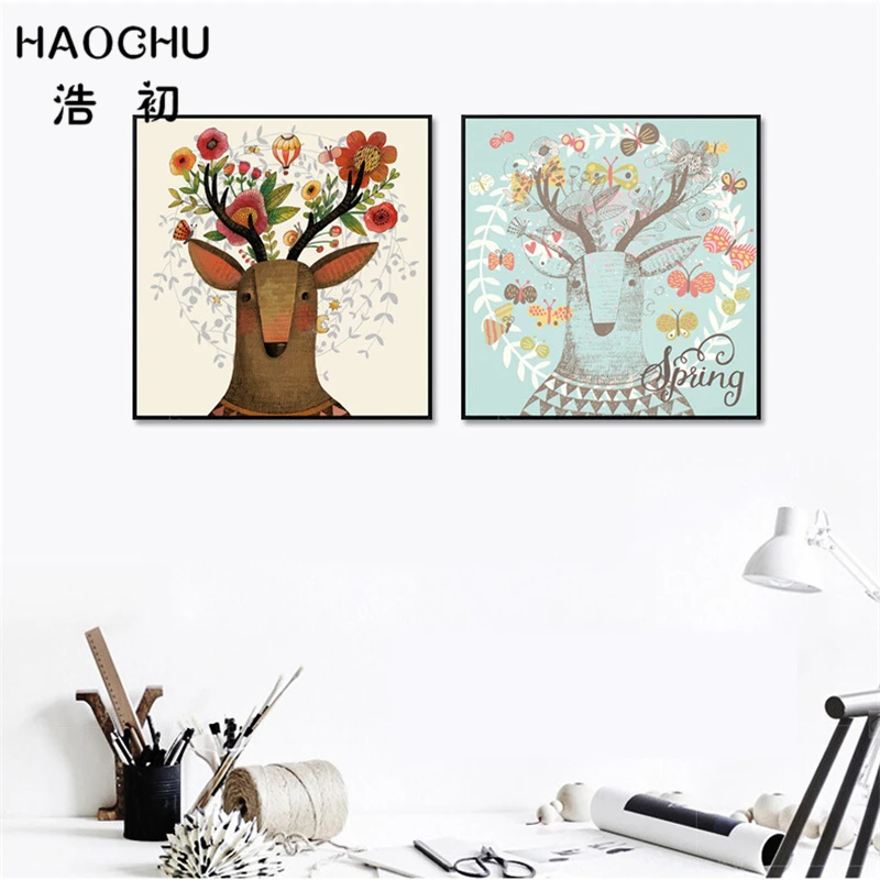 HAOCHU винтажный Ретро Сика олень декоративная картина цветы Северный абстрактный