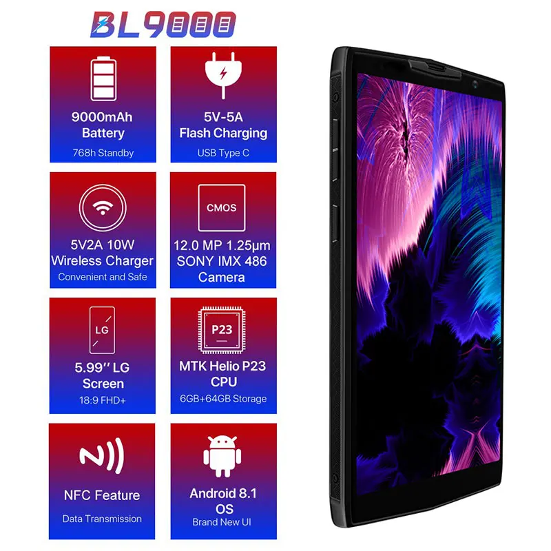 DOOGEE BL9000 смартфон 9000mAh 5,99 ''18:9 FHD+ MTK6763 Восьмиядерный 6GB 64GB Android 8,1 4G Двойная камера 12M OTG Беспроводная зарядка