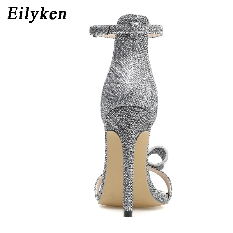 Eilyken/Новинка года; серебристые женские босоножки с ремешком на щиколотке; вечерние босоножки на высоком каблуке 11 см с пряжкой и бантом; Размеры 35-40