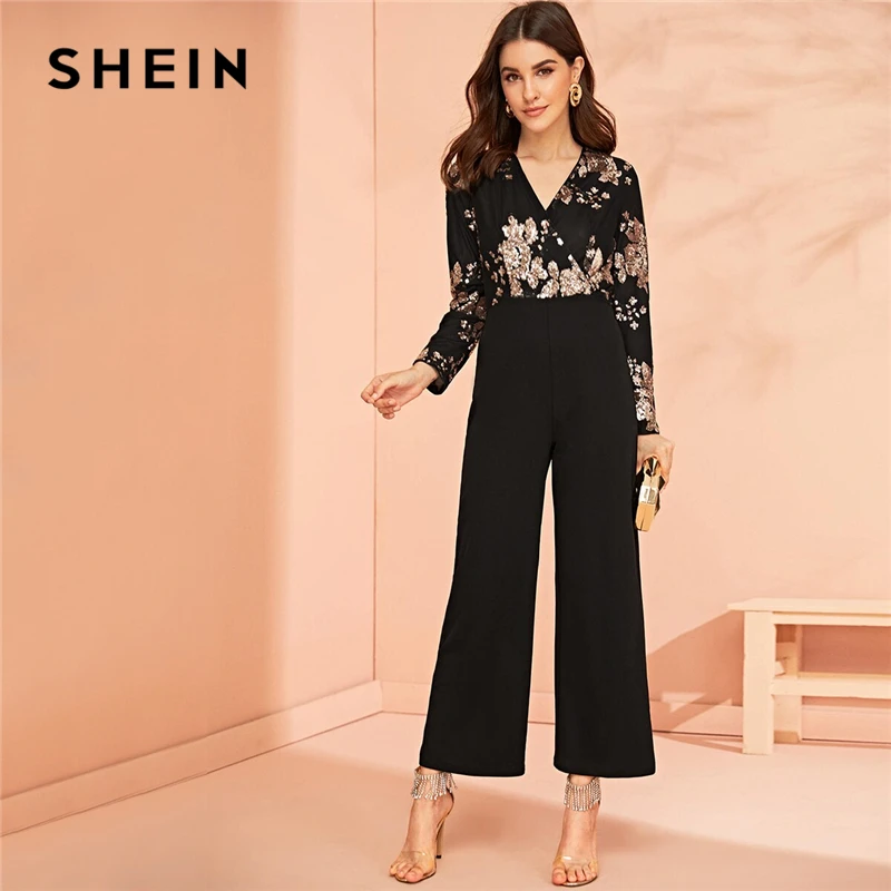 SHEIN комбинезон с широкими штанинами и блестками, черный элегантный комбинезон с длинными рукавами и v-образным вырезом, весенне-Осенние Комбинезоны с широкими штанинами