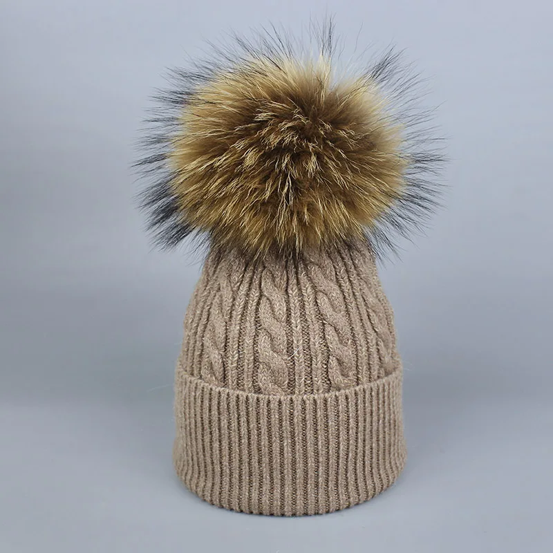Зимняя меховая шапка с помпоном Skullies для женщин, кашемировая шерстяная хлопковая шапка, большая шапка с натуральным енотом, шапка с меховым помпоном, шапка с помпоном из лисьего меха - Цвет: Khaki