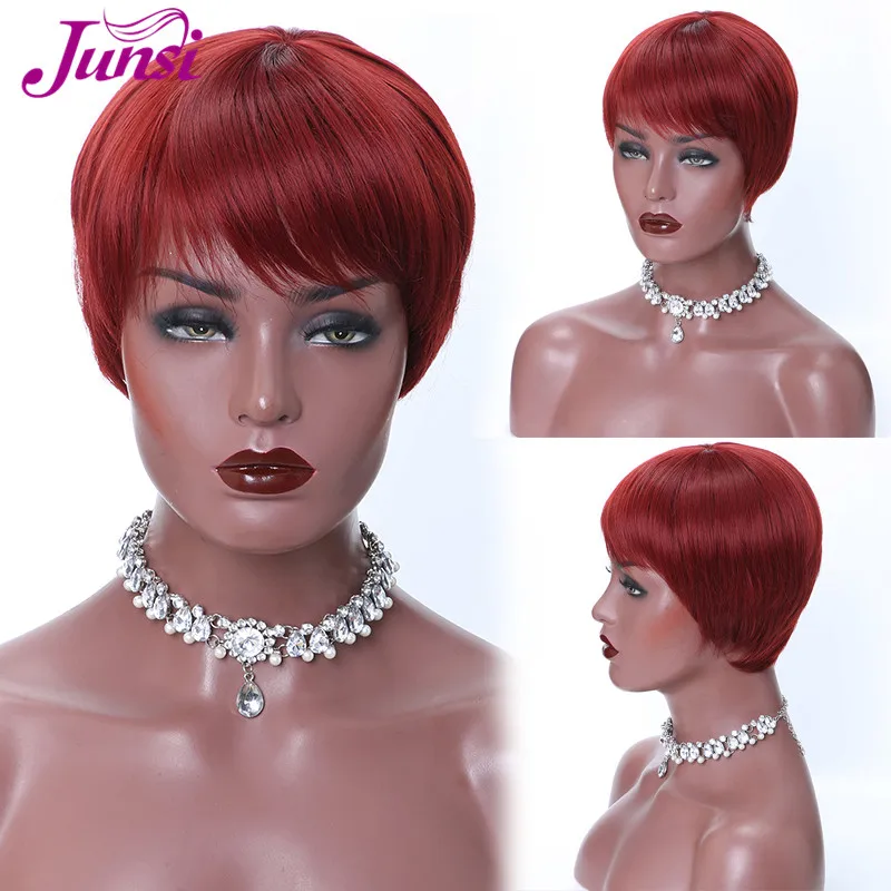 JUNSI Волосы Короткие Красный Черный Pixie Cut синтетические парики для женщин натуральные парики
