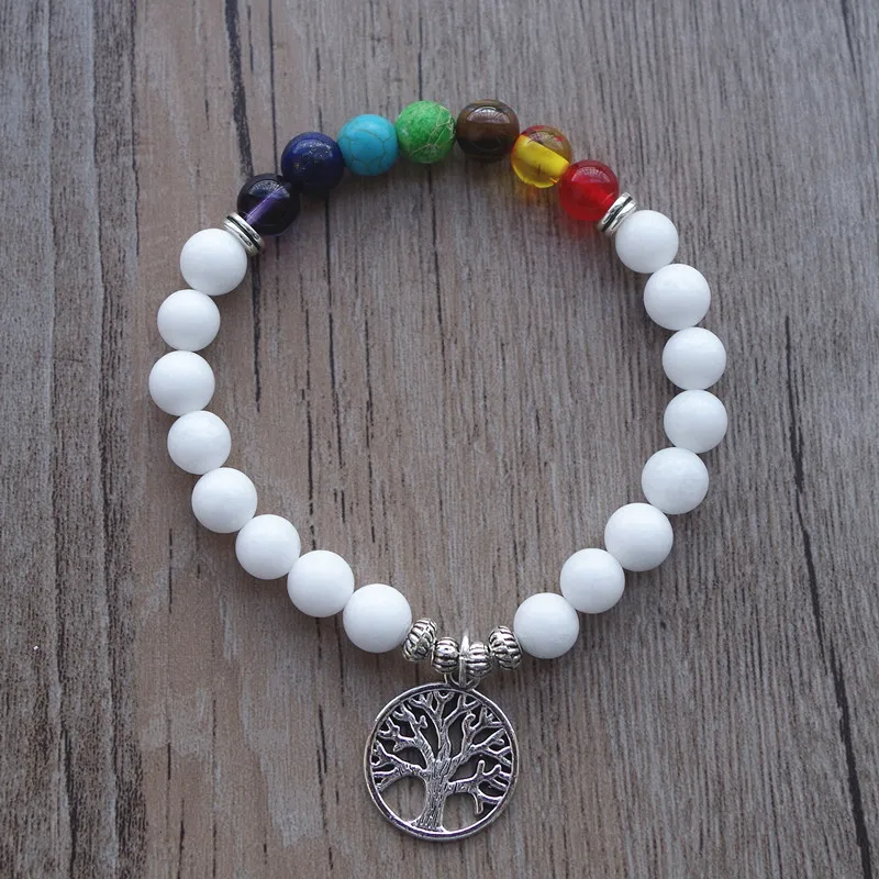 Семь чакра браслет для мужчин и женщин 8 мм бусины подвеска с деревом жизни белый