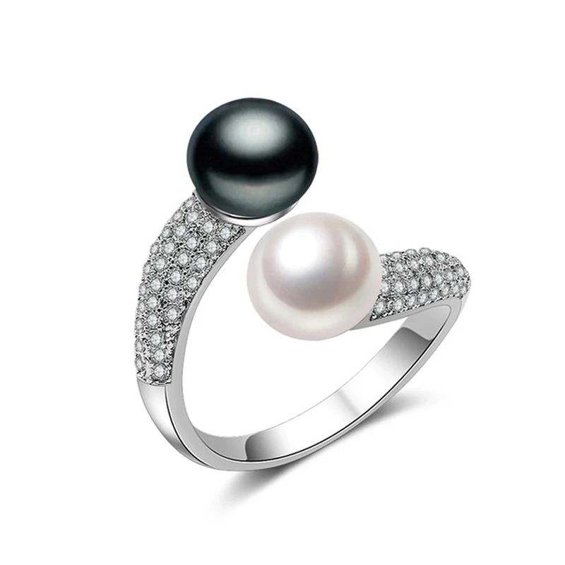 white black Настоящее 925 пробы серебряные кольца с двойным жемчугом женские, регулируемые черные обручальные кольца подарок на день рождения - Цвет камня: white black
