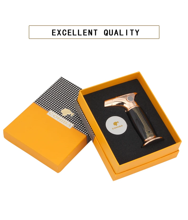 COHIBA сигарный фонарь, зажигалка, настольный пистолет, металлические газовые зажигалки с бутаном, ветрозащитная струйная зажигалка, зажигалка для сигар, инструменты W/Подарочная коробка