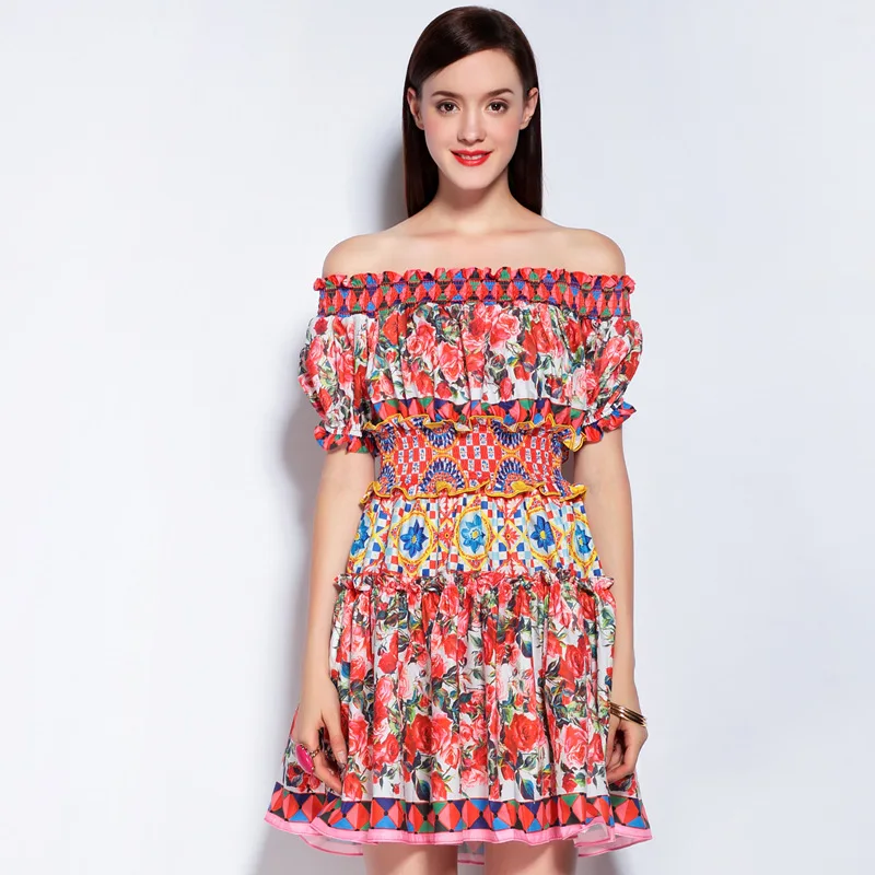 Новая тенденция летние повседневные пляжные с цветочным принтом Slash шеи женские