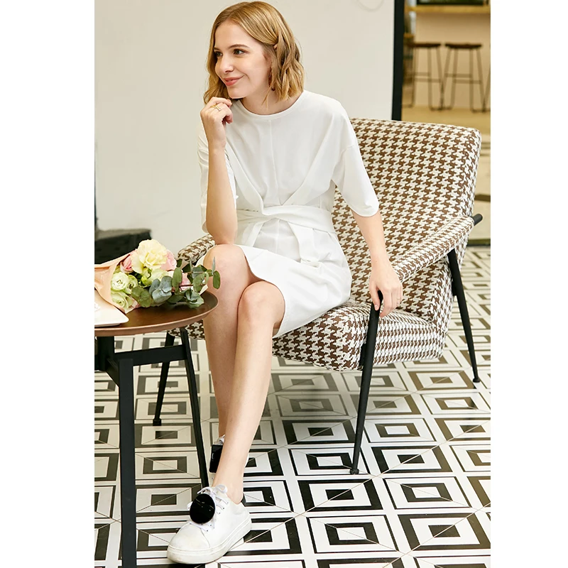Amii Minimalist Women Dress Spring Summer Causal Solid Short Sleeve Belt Lace Up O Neck Cotton Elegant Female Dress