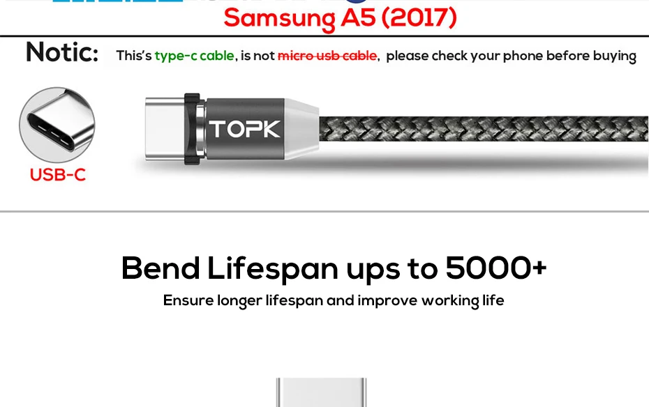 TOPK [10 шт] светодиодный магнитный кабель Тип usb C USB кабель с нейлоновой оплеткой Тип-C кабель для samsung S9 Note 9 huawei P20 Lite Xiaomi Mi8 usb C