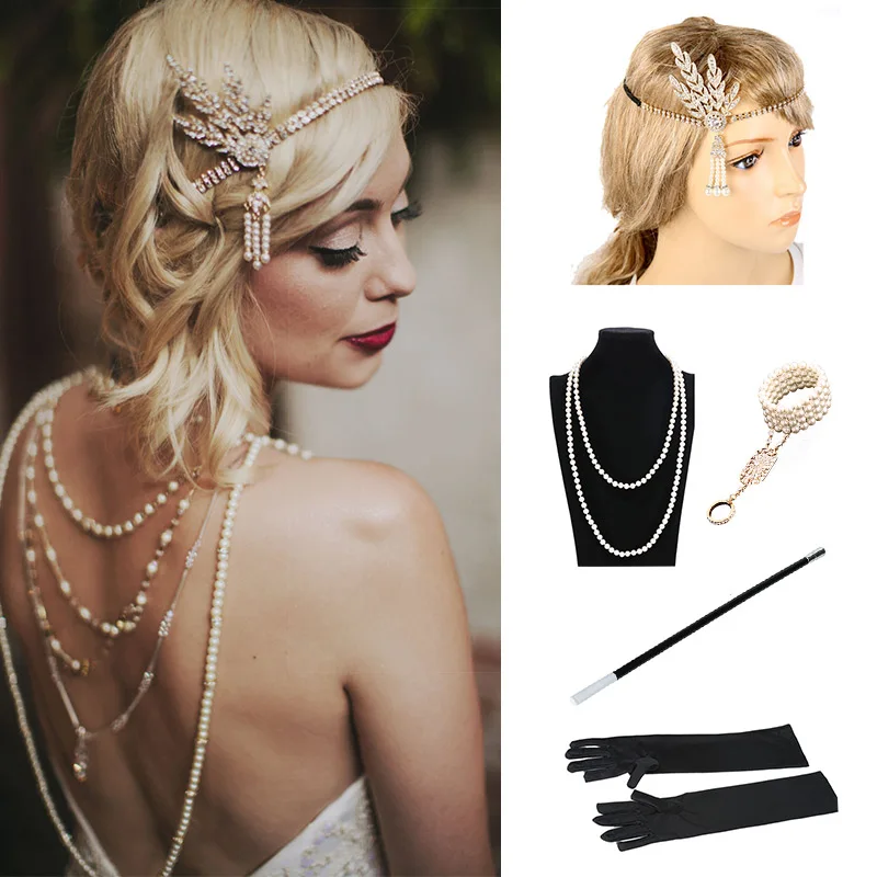 Набор аксессуаров 1920s женский головной убор браслет ожерелье перчатки и сигареты