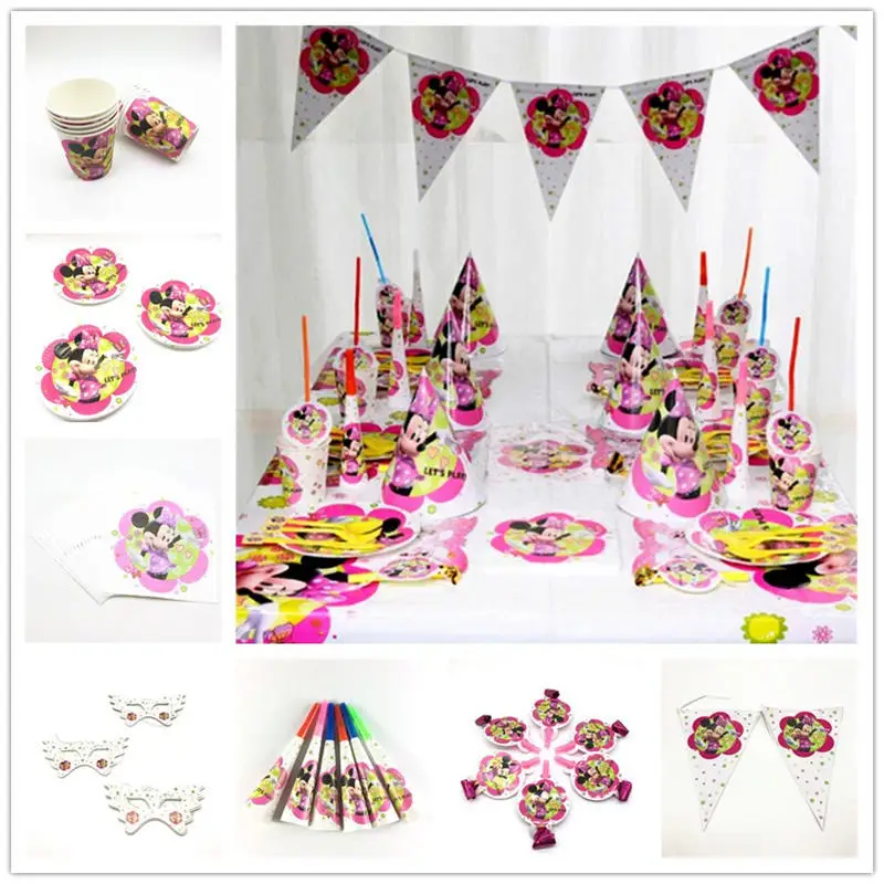 Party Supply Minnie Mouse Theme Girl Birthday Paper Cup Plate Napkin Gift Bag Blowout Wedding Festival Banner Candy Box Supply