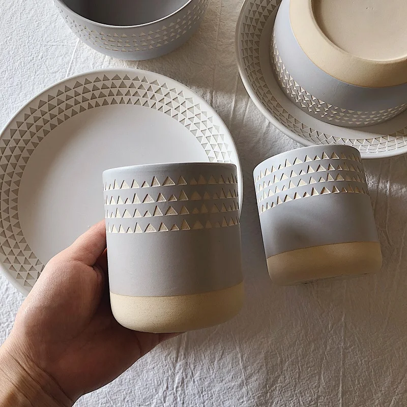 3 inches cup Матовая серая резная керамическая тарелка чашка чаша посуда для дома и ресторана посуда - Цвет: 3 inches cup