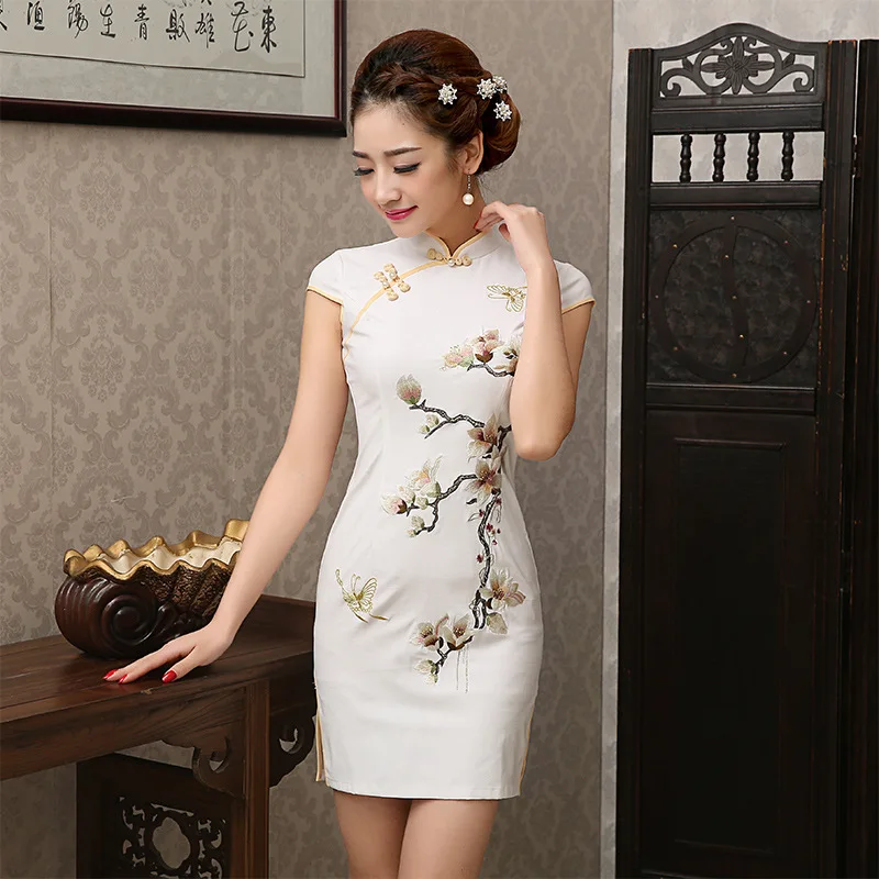 

Женский Чонсам Qipao, летнее вечернее платье с цветочным принтом и коротким рукавом, традиционный китайский стиль, 2016