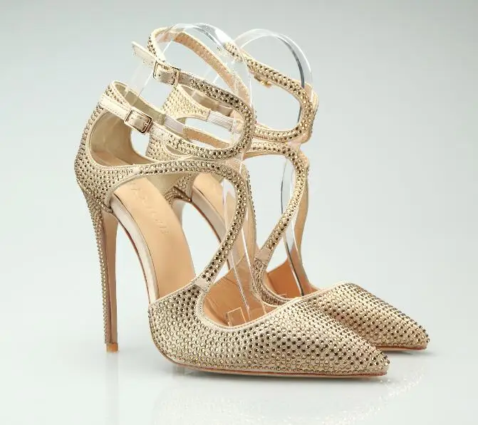 

real photo woman gold rhinestones pointed toe high heel dress shoes bling bling gold crystal high heel buckle shoes