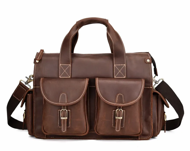 PNDME high quality crazy horse cowhide men's briefcase vintage designer simple multi pocket genuine leather office laptop bag